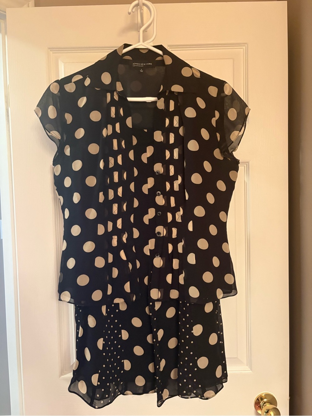 Jones New York Black and White Polka Dot Button Blouse and Skirt